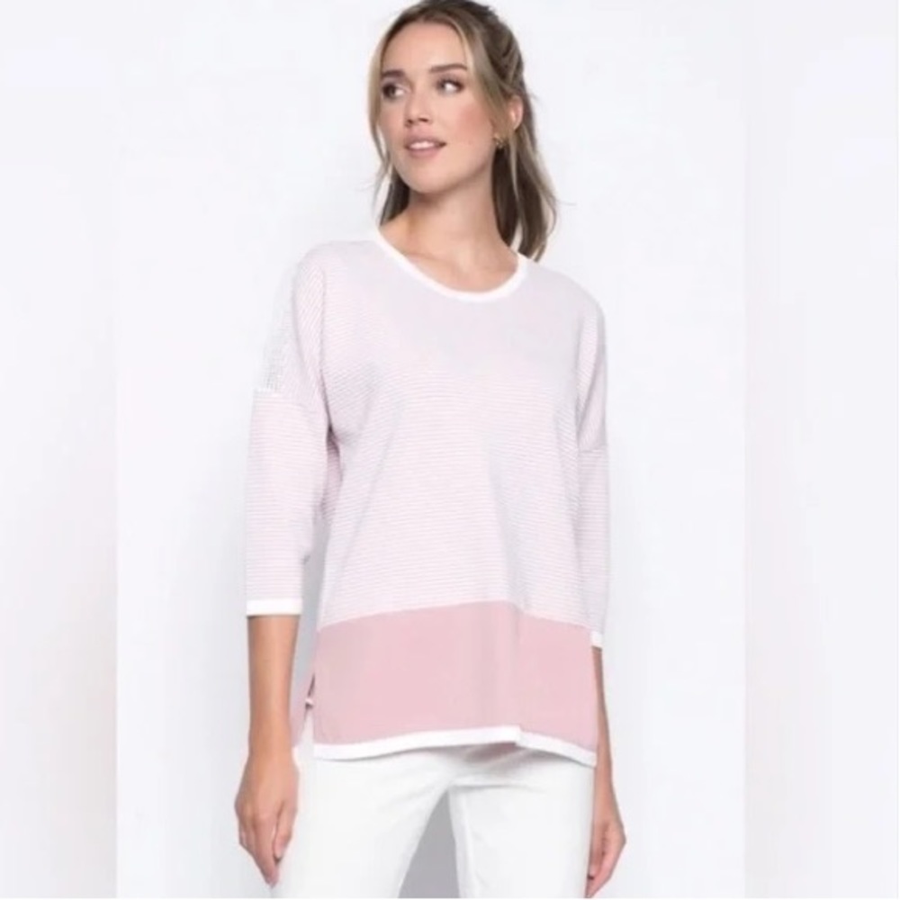 Picadilly Canada Lightweight Pinstripe Rose Pink Mesh Sleeve Detail Sweater Sz M